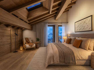 Experience luxury mountain living in this stunning bedroom featuring exposed wooden beams and a skylight for stargazing.