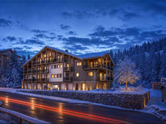 Experience luxurious alpine living in this stunning chalet-style property, nestled amidst snow-covered pine forests.