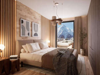 Experience luxury mountain living in this stunning bedroom featuring a king-sized bed with plush white linens and a cozy throw blanket.