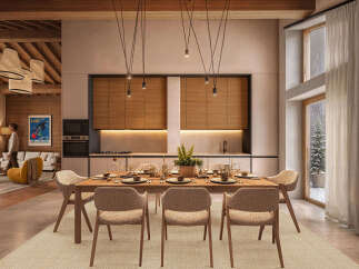 Experience luxurious mountain living in this stunning dining room and kitchen area, featuring a rustic wooden ceiling and modern cabinetry.