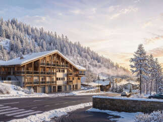Experience luxury mountain living in this stunning chalet-style property, nestled amidst snow-covered pine forests.