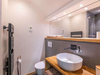 This modern bathroom features a sleek wall-mounted toilet and a stylish vessel sink atop a wooden vanity.