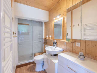 This charming bathroom features a modern shower enclosure and a sleek vanity with a basin.