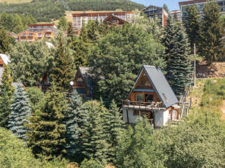 Nestled amidst lush greenery and towering pine trees, this charming A-frame chalet offers a serene mountain retreat.