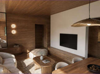 Experience modern mountain living in this beautifully designed open-concept space, featuring warm wood paneling throughout and a sleek entertainment area.