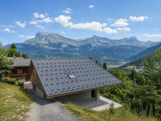 Experience breathtaking mountain views from this stunning property, featuring a modern home with a sleek metal roof and a convenient carport.