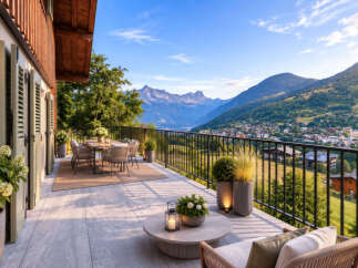 Experience breathtaking mountain views from this stunning balcony, perfect for al fresco dining or relaxing with a view.