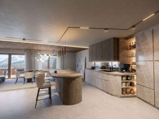 Experience luxury mountain living in this stunning open-concept space, featuring a modern kitchen with sleek marble countertops and a large island perfect for entertaining.