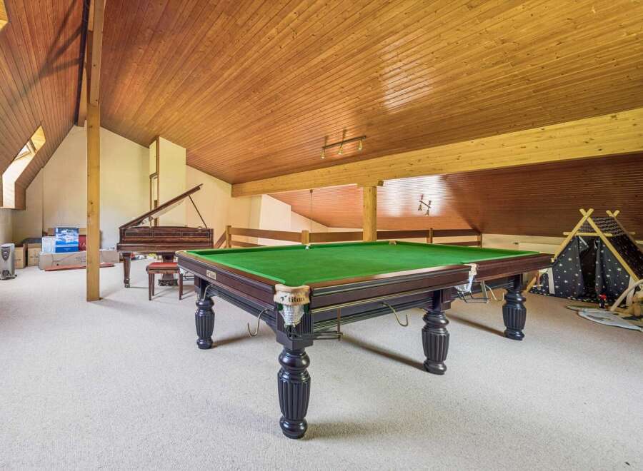 Discover a unique recreational space featuring a classic billiard table and a grand piano, perfect for entertainment and leisure.