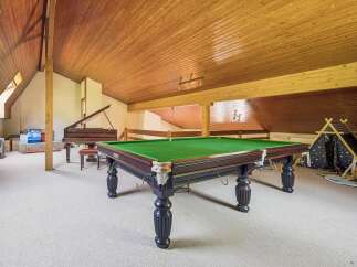Discover a unique recreational space featuring a classic billiard table and a grand piano, perfect for entertainment and leisure.