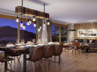 Experience luxurious mountain living in this stunning dining and living area, featuring a rustic wooden dining table set for a feast and a cozy fireplace perfect for chilly evenings.
