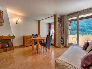Experience mountain living in this charming apartment featuring a cozy fireplace and a dedicated dining area perfect for intimate meals.