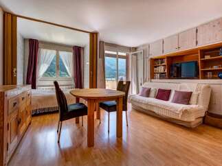 This charming studio apartment offers a comfortable living space with a cozy sleeping area separated by a wooden partition.