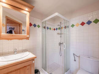 This charming bathroom features a clean white tiled shower stall with a decorative diamond pattern accent tile.