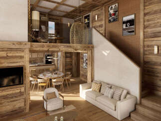 Experience rustic luxury in this stunning mountain chalet, featuring a spacious open-plan living area with a cozy fireplace and a modern kitchen.