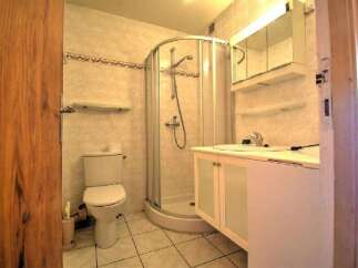 This compact bathroom features a corner shower with a curved glass door, a white toilet with a toilet paper holder, and a vanity with a sink and storage cabinets.