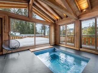Experience ultimate relaxation in this stunning indoor pool area, featuring a modern plunge pool surrounded by natural wood and expansive windows.