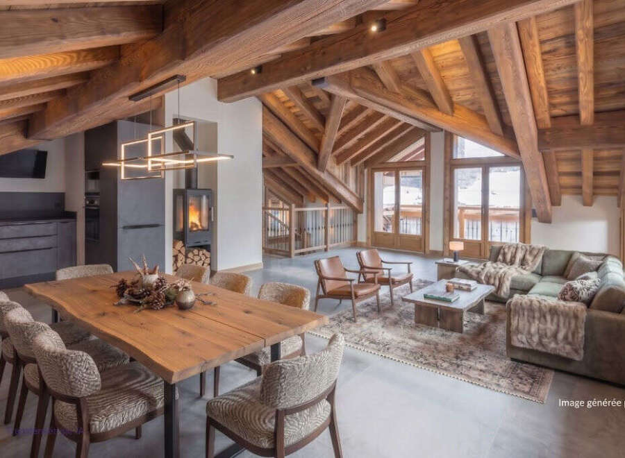 Experience luxury mountain living in this stunning chalet, featuring a grand open-plan living space with exposed wooden beams and a cozy fireplace.
