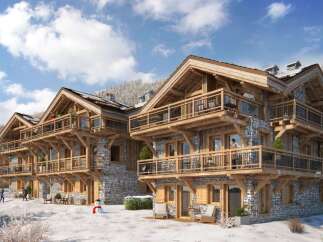 Experience luxury mountain living in this stunning chalet, featuring a rustic stone and timber facade complemented by expansive wooden balconies offering breathtaking alpine views.