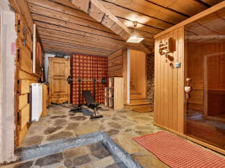 Experience ultimate relaxation and fitness in this unique home gym and sauna space.