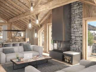 Experience luxurious mountain living in this stunning chalet featuring a modern fireplace and expansive windows with breathtaking views.