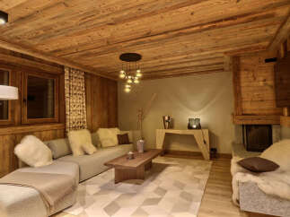 Experience rustic luxury in this charming living room, featuring a cozy sectional sofa adorned with plush faux fur pillows and a warm throw blanket.