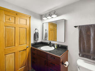 Step into this charming bathroom featuring a warm wooden door and a sleek vanity with a granite countertop.