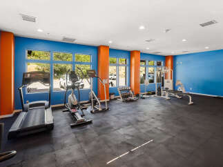 This vibrant gym space features a variety of cardio machines including treadmills and ellipticals, perfect for a morning workout.