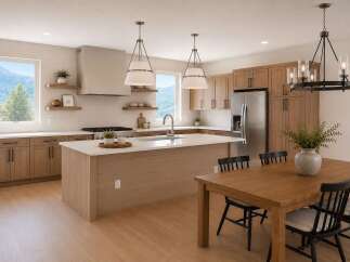 Experience modern living in this stunning kitchen featuring sleek, light wood cabinetry and a spacious island perfect for meal prep and casual dining.
