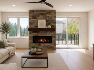 Experience modern living in this stunning home featuring a floor-to-ceiling stone fireplace as the centerpiece of the living room.