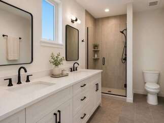 Experience modern luxury in this stunning bathroom featuring a spacious double vanity with sleek black fixtures and a large, illuminated mirror.