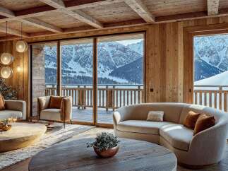 Experience luxury mountain living in this stunning wood-paneled living room, featuring a curved sectional sofa and a unique stone coffee table.