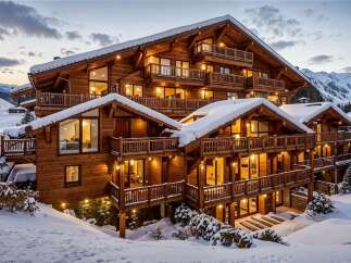 Experience luxury mountain living in this stunning wooden chalet, nestled amidst snow-covered peaks.