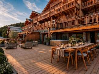 Experience luxury mountain living with this stunning chalet featuring a spacious wooden deck perfect for outdoor dining and relaxation.