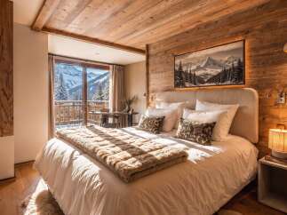 Experience ultimate comfort in this luxurious mountain retreat, featuring a cozy bedroom with a plush bed and a stunning panoramic view of snow-covered peaks.