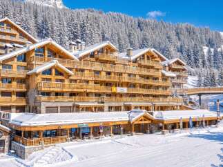 Experience luxury mountain living in this stunning ski resort property, featuring a beautiful wooden exterior and balconies perfect for enjoying the snowy landscape.