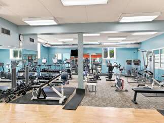 This well-equipped gym features a variety of cardio machines including treadmills and stationary bikes, alongside a comprehensive selection of free weights and weight machines.