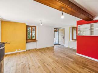 Discover this charming living space featuring a vibrant yellow accent wall and a striking red feature wall, perfect for adding personality to your home.