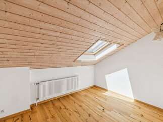 Experience modern living in this attic room featuring a sloped wooden plank ceiling and a central skylight that floods the space with natural light.