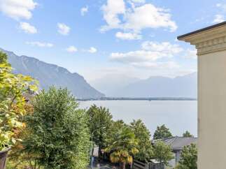 Experience breathtaking panoramic views of a serene lake and majestic mountains from this property.