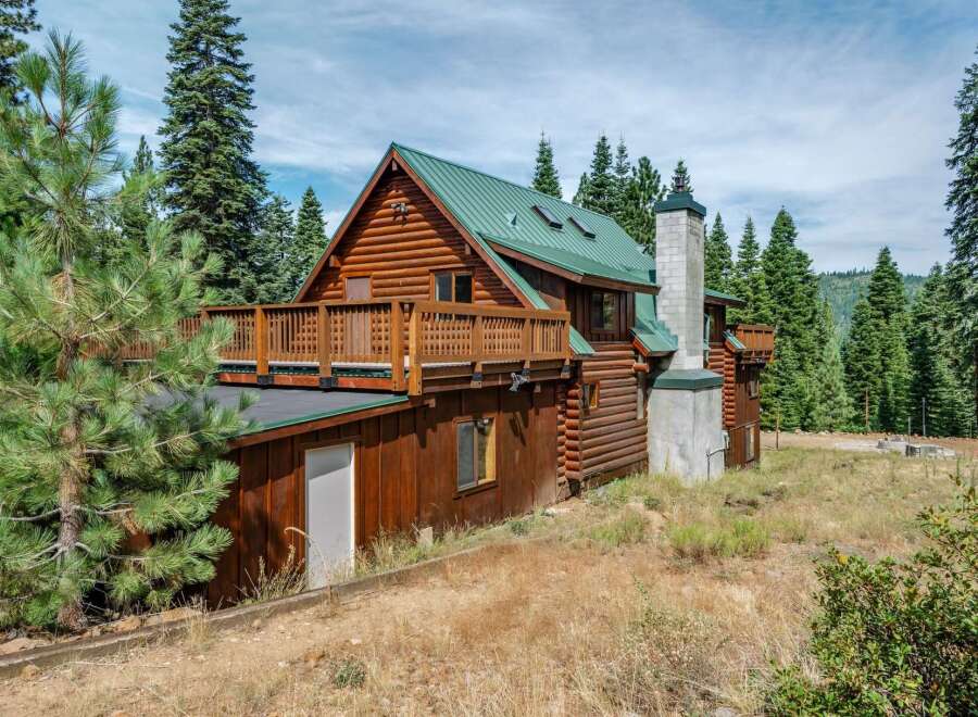 Experience rustic charm in this stunning log cabin nestled amidst towering pine trees.