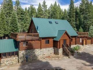 Experience rustic charm in this stunning log cabin nestled amidst a lush pine forest.