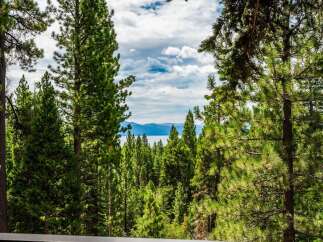 Experience breathtaking lake and mountain views framed by majestic pine trees.