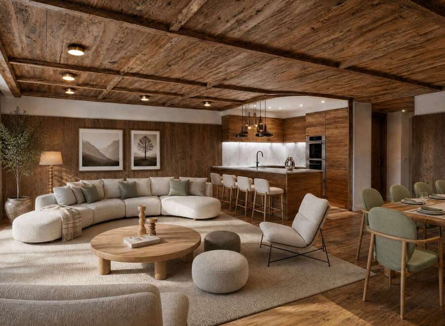 Experience luxurious mountain living in this stunning open-concept living space, featuring a modern sectional sofa, a sleek kitchen island, and a rustic wooden ceiling.