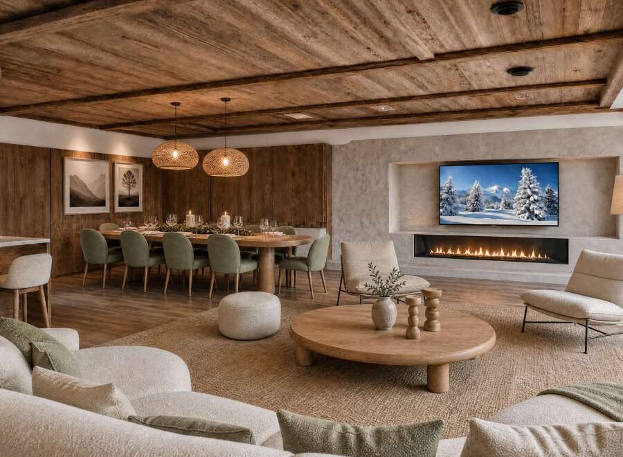 Experience luxury mountain living in this stunning open-concept space, featuring a rustic wooden ceiling and a modern gas fireplace.