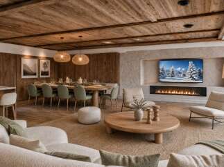 Experience luxury mountain living in this stunning open-concept space, featuring a rustic wooden ceiling and a modern gas fireplace.