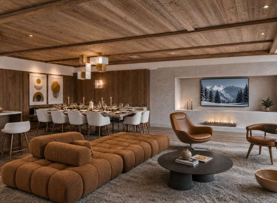 Experience luxurious mountain living in this stunning open-concept space, featuring a modern dining area with seating for ten and a cozy living room with a fireplace and entertainment center.