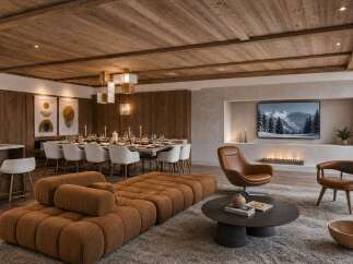 Experience luxurious mountain living in this stunning open-concept space, featuring a modern dining area with seating for ten and a cozy living room with a fireplace and entertainment center.