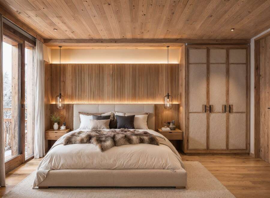 Experience rustic luxury in this stunning bedroom, featuring a cozy king-sized bed adorned with a plush fur throw and a textured headboard.