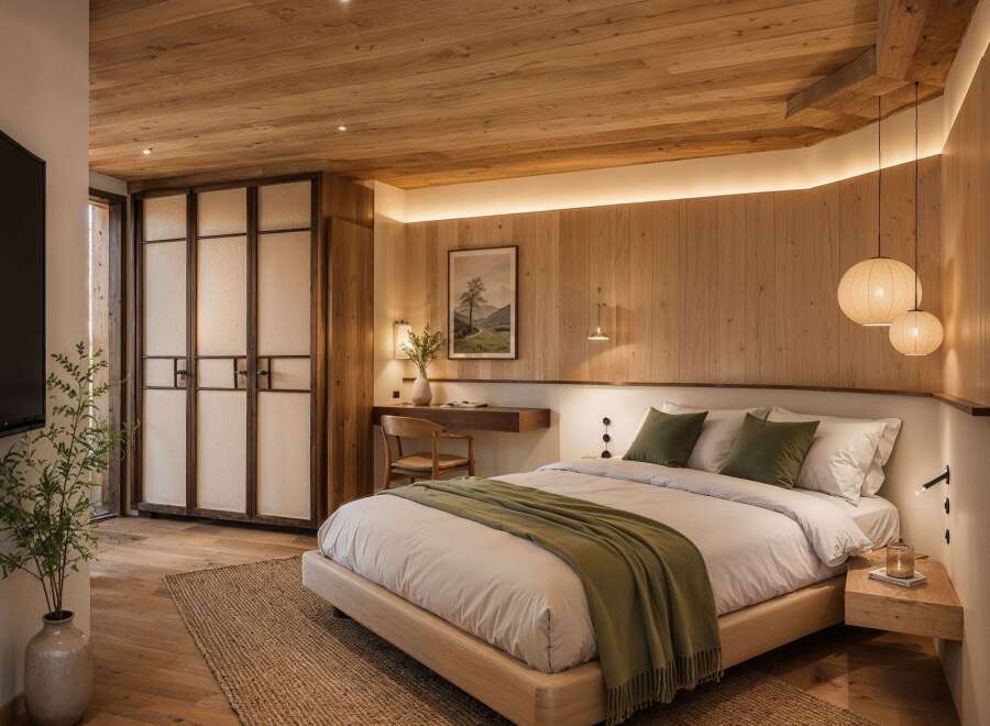 Experience serene living in this beautifully appointed bedroom, featuring a luxurious king-size bed with plush bedding and a calming green throw.